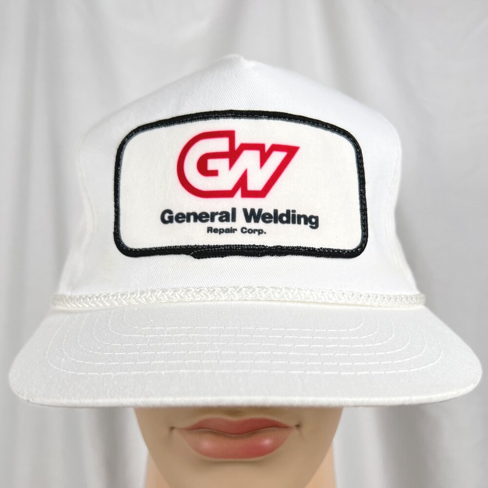 Vintage 90s General Welding Adult OS White Red Retro Logo Rope Snapnack Hat Cap